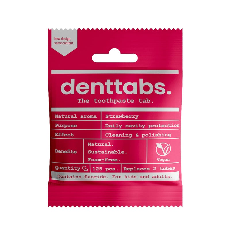 DENTTABS Strawberry Teeth Cleaning Tablets with Fluoride â€“ Pack of 125, Natural Toothpaste Tablets for Adults & Kids, Vegan & Eco-Friendly, Cavity Prevention